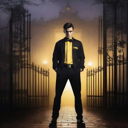 A sexy athletic young man stands in front of gates leading to a dark gothic mansion