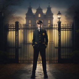 A sexy athletic young man stands in front of gates leading to a dark gothic mansion