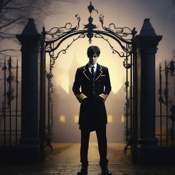 A sexy athletic young man stands in front of gates leading to a dark gothic mansion