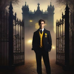 A sexy athletic young man stands in front of gates leading to a dark gothic mansion