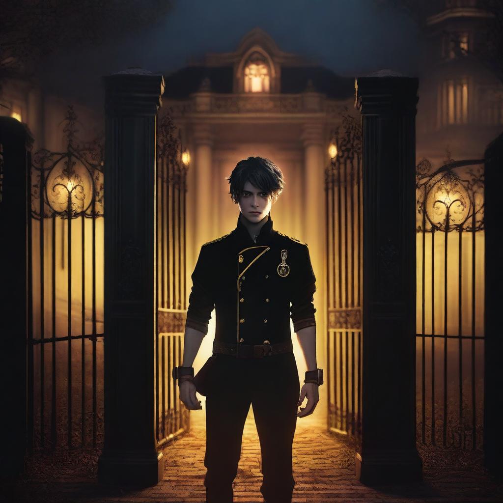 A sexy athletic young man stands in front of gates to a dark gothic mansion