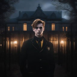 A sexy athletic young man stands in front of gates to a dark gothic mansion