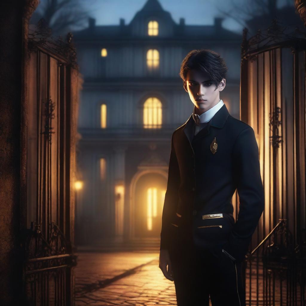 A sexy athletic young man stands in front of gates to a dark gothic mansion