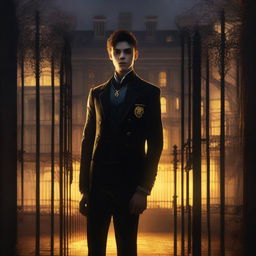 A sexy athletic young man stands in front of gates to a dark gothic mansion