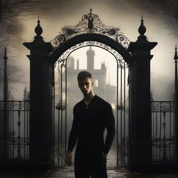 A sexy athletic young man stands in front of the gates to a dark gothic mansion