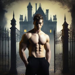 A sexy athletic young man stands in front of the gates to a dark gothic mansion