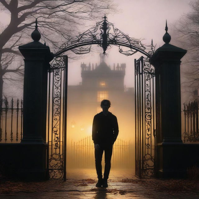 A sexy athletic young man stands in front of the gates to a dark gothic mansion