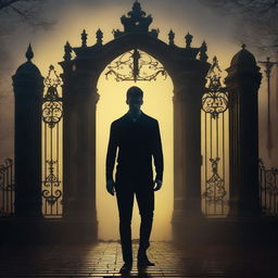 A sexy athletic young man stands in front of the gates to a dark gothic mansion