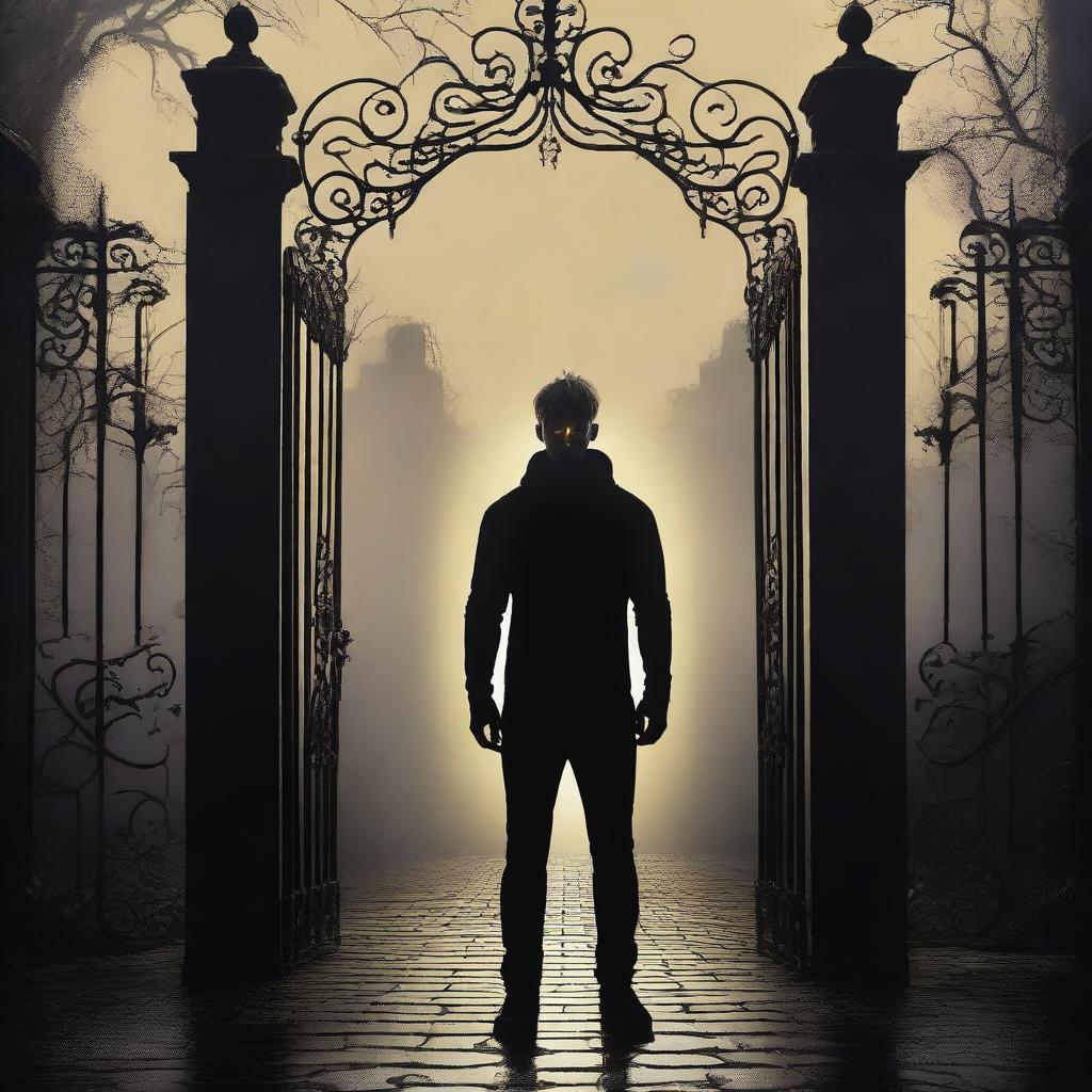 A sexy athletic young man with glowing yellow eyes stands in front of the gates to a dark gothic mansion