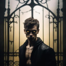 A sexy athletic young man with glowing yellow eyes stands in front of the gates to a dark gothic mansion