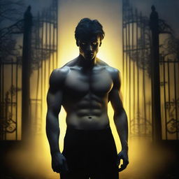 A sexy athletic young man with glowing yellow eyes stands in front of the gates to a dark gothic mansion