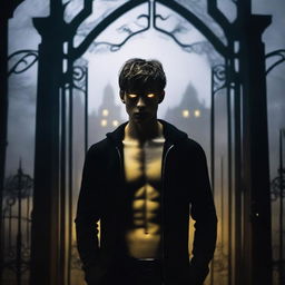 A sexy athletic young man with glowing yellow eyes stands in front of the gates to a dark gothic mansion