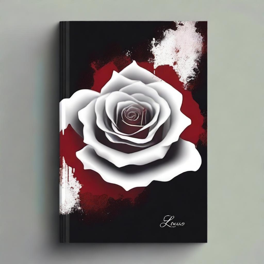 Create a book cover with dimensions 9 inches down and 6 inches across, featuring a white rose dipped in blood