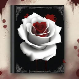 Create a book cover with dimensions 9 inches down and 6 inches across, featuring a white rose dipped in blood