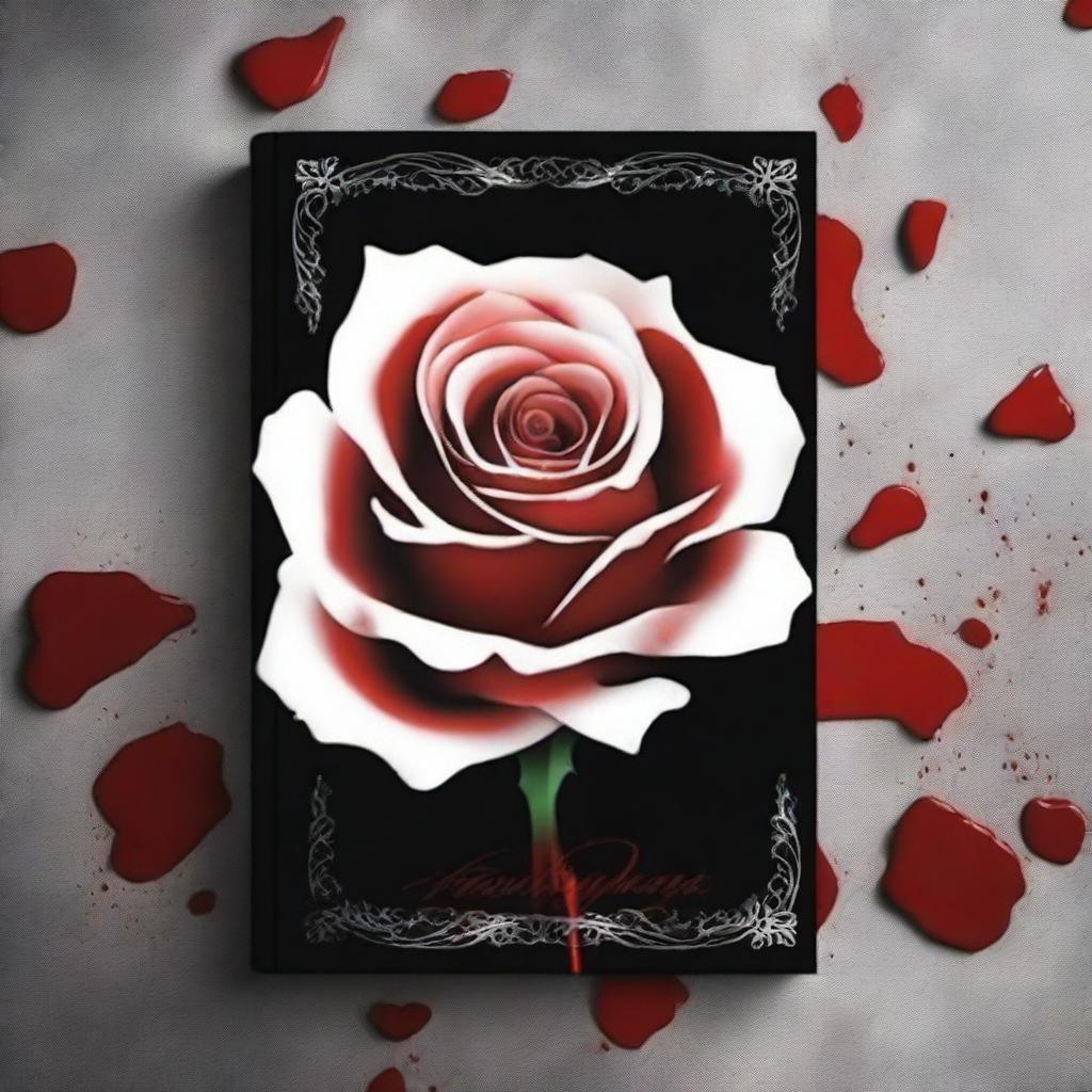 Create a book cover with dimensions 9 inches down and 6 inches across, featuring a white rose dipped in blood