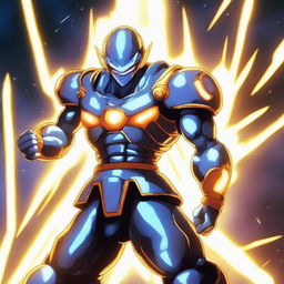 A powerful warrior in a dramatic pose, wearing futuristic armor with glowing energy lines, set against a background of a battlefield with energy blasts and explosions