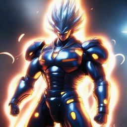 A powerful warrior in a dramatic pose, wearing futuristic armor with glowing energy lines, set against a background of a battlefield with energy blasts and explosions