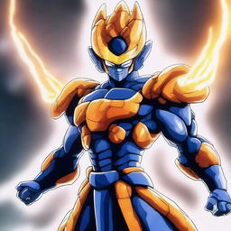 A powerful warrior in a dramatic pose, wearing futuristic armor with glowing energy lines, set against a background of a battlefield with energy blasts and explosions