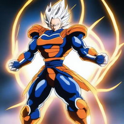 A powerful warrior in a dramatic pose, wearing futuristic armor with glowing energy lines, set against a background of a battlefield with energy blasts and explosions