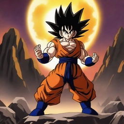 A powerful Saiyan warrior standing in a dramatic pose with energy aura glowing around them