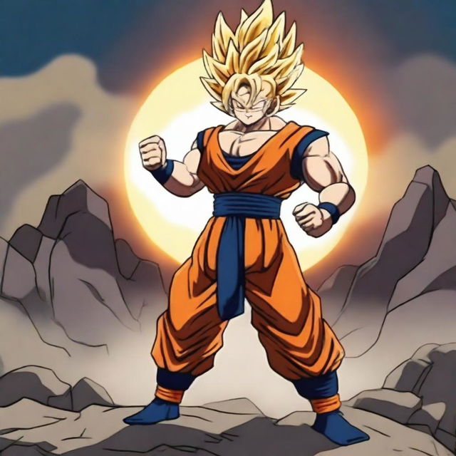 A powerful Saiyan warrior standing in a dramatic pose with energy aura glowing around them