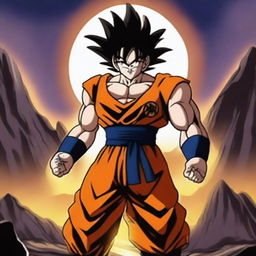 A powerful Saiyan warrior standing in a dramatic pose with energy aura glowing around them