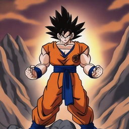 A powerful Saiyan warrior standing in a dramatic pose with energy aura glowing around them