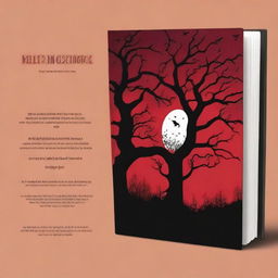 Create a book cover with dimensions 9 inches down and 6 inches across, featuring a red sky with a moon, a bat, and black trees