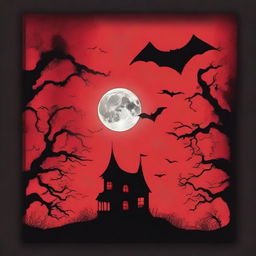 Create a book cover with dimensions 9 inches down and 6 inches across, featuring a red sky with a moon, a bat, and black trees