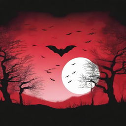 Create a book cover with dimensions 9 inches down and 6 inches across, featuring a red sky with a moon, a bat, and black trees