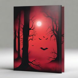 Create a book cover with dimensions 9 inches down and 6 inches across, featuring a red sky with a moon, a bat, and black trees