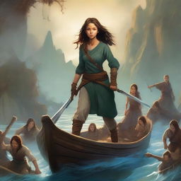 A dramatic book cover featuring a brave girl standing on a boat, protecting a group of frightened villagers