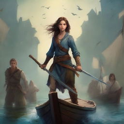 A dramatic book cover featuring a brave girl standing on a boat, protecting a group of frightened villagers