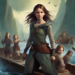 A dramatic book cover featuring a brave girl standing on a boat, protecting a group of frightened villagers