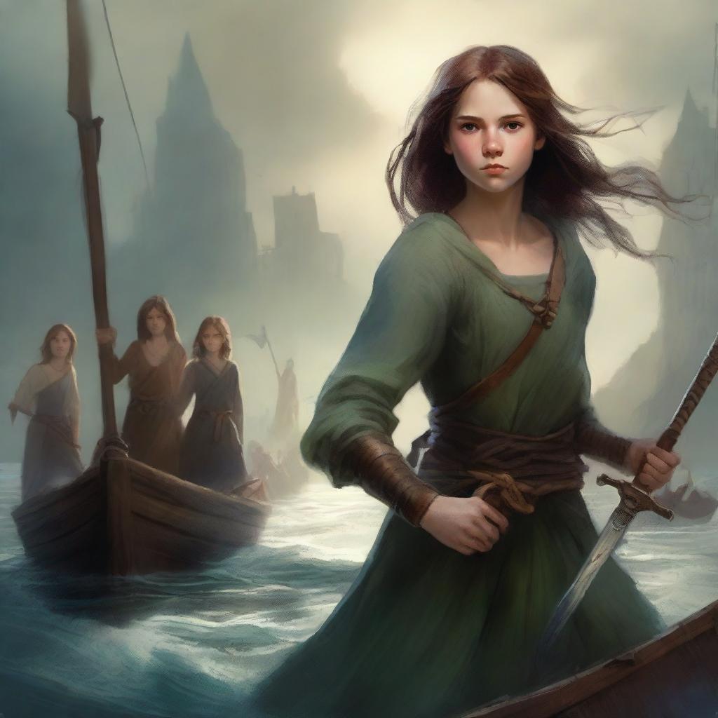 A dramatic book cover featuring a brave girl standing on a boat, protecting a group of frightened villagers