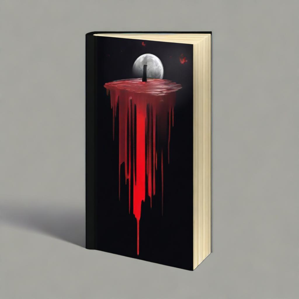 Create a book cover with dimensions 9 inches down and 6 inches across, featuring a moon dripping blood