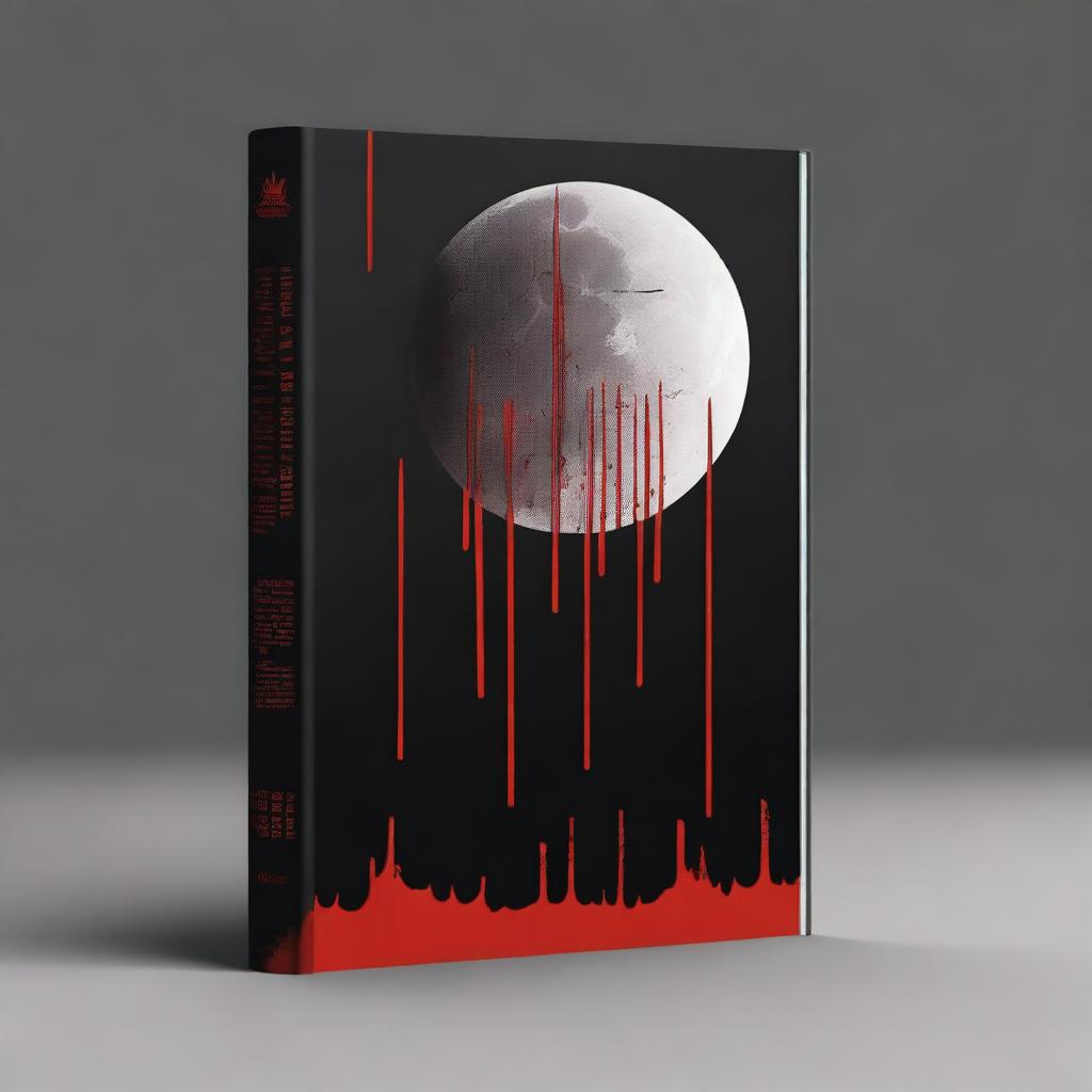 Create a book cover with dimensions 9 inches down and 6 inches across, featuring a moon dripping blood