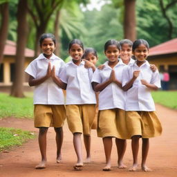 A group of cute Kerala school children wearing traditional uniforms, playing and smiling together in a schoolyard