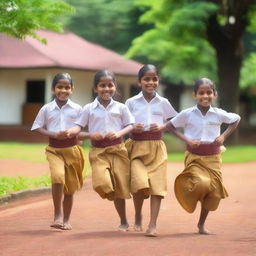 A group of cute Kerala school children wearing traditional uniforms, playing and smiling together in a schoolyard