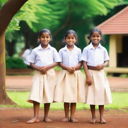 A group of cute Kerala school children wearing traditional uniforms, playing and smiling together in a schoolyard