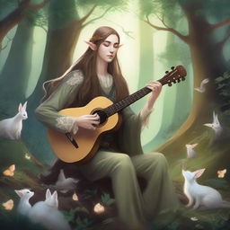 An elvish bard playing a bone instead of a lute, set in a mystical forest with magical creatures and glowing plants