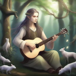 An elvish bard playing a bone instead of a lute, set in a mystical forest with magical creatures and glowing plants