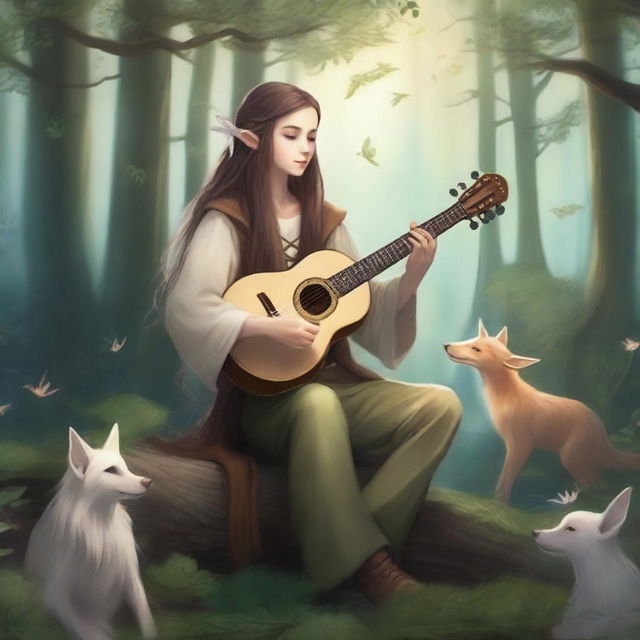 An elvish bard playing a bone instead of a lute, set in a mystical forest with magical creatures and glowing plants