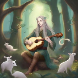 An elvish bard playing a bone instead of a lute, set in a mystical forest with magical creatures and glowing plants