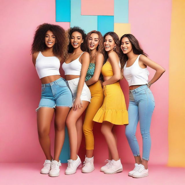 A group of attractive young women in a playful and charming pose