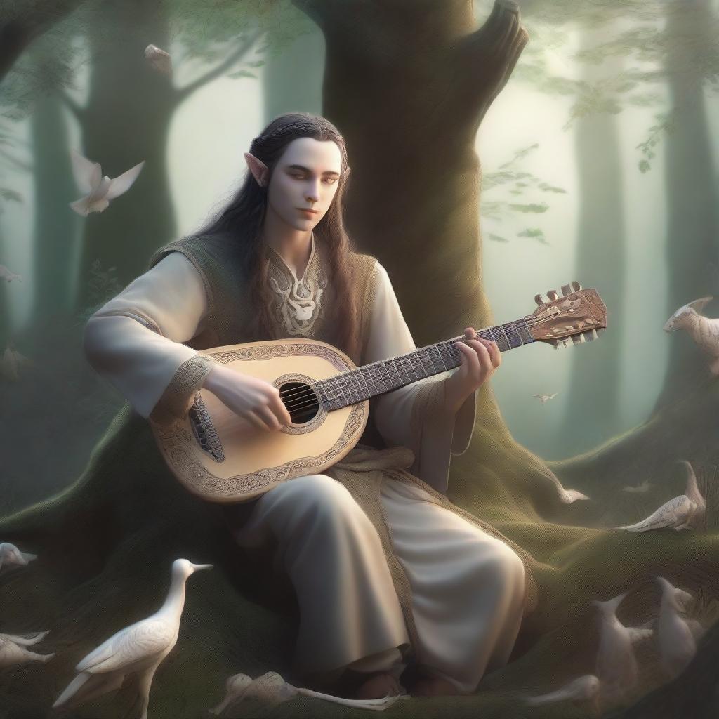 An elvish bard playing a lute made of bones