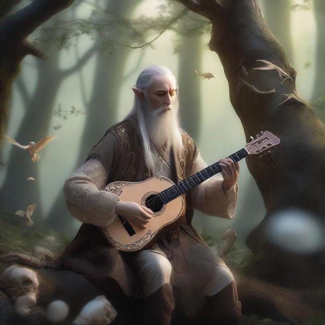 An elvish bard playing a lute made of bones