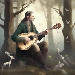 An elvish bard playing a lute made of bones