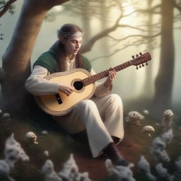 An elvish bard playing a lute made of bones