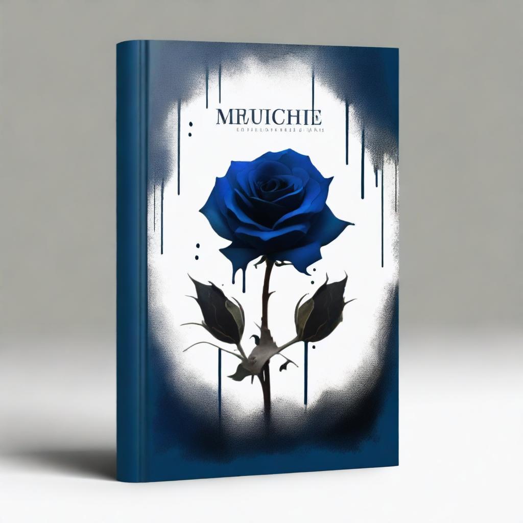 Create a book cover with dimensions 9 inches down and 6 inches across, featuring a dark blue rose dripping blood against a black background